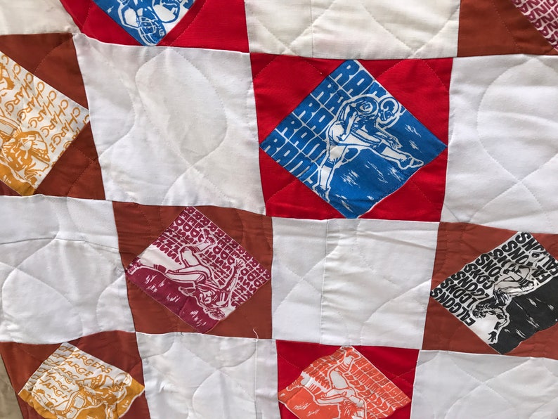 Vintage 1980's Era Handmade Quilt/Coverlet/Bedspread with Football Fabric Patches image 4