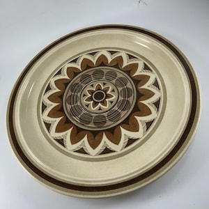 Vintage Brown and Tan Stoneware Round Platter 1970&#39;s Era