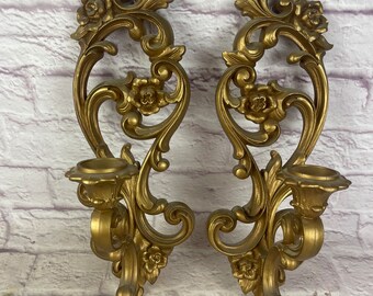Pair of Vintage Homco Home Interior Gold Painted Floral Candleholders Home Interiors