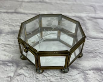 Vintage Etched Glass and Brass Small Jewelry Box or Trinket Box