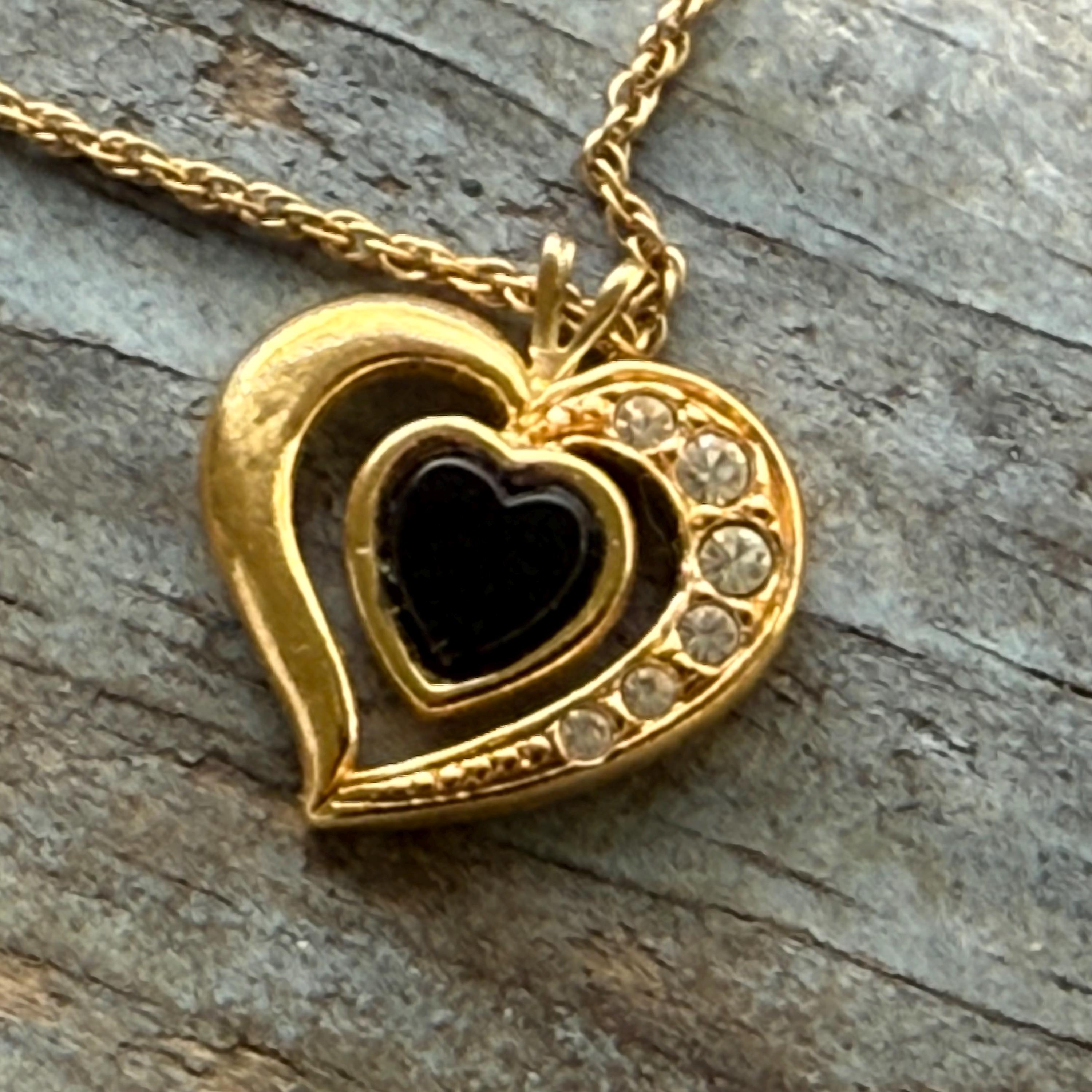 Vintage 1990's Avon Onyx and Rhinestone Heart Necklace
