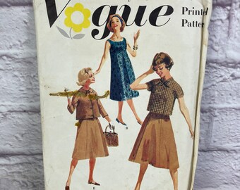 Vintage Vogue #E-10 Pattern for Misses Size 14 One-Piece Dress, Two-Piece Dress, Jumper Dress, Blouse, Skirt, Coat With Scarf & Suit