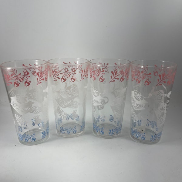 Set of FOUR Vintage Kitchen Design Drinking Glasses Tumblers Blue and Pink