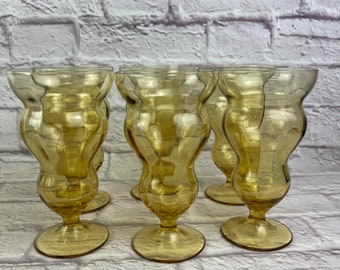 Set of 6 Vintage Amber Glass Lido Golden Glow Footed Tumbler Ringed Optic