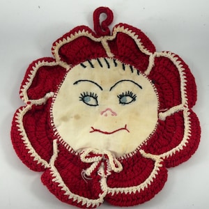 Vintage Hand Crochet Potholder with Embroidery Face