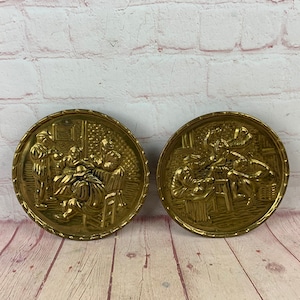 Pair of Vintage Round Brass Wall Pockets/Planters With Tavern Scenes