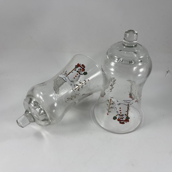 Pair of Vintage Homco Home Interiors Clear Glass Pegged Votive Cups with Snowmen Snowman Decoration