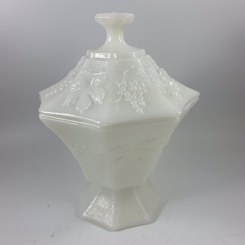 Vintage White Milk Glass Grape Pattern Candy Dish with Lid Etsy