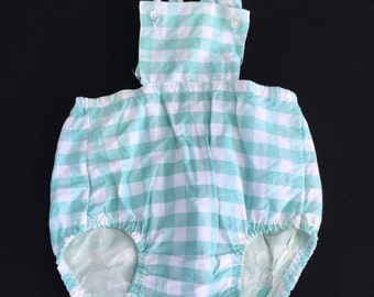 Vintage Mint Green and White Check Baby Romper with Rubber/Vinyl Lining in Bottoms