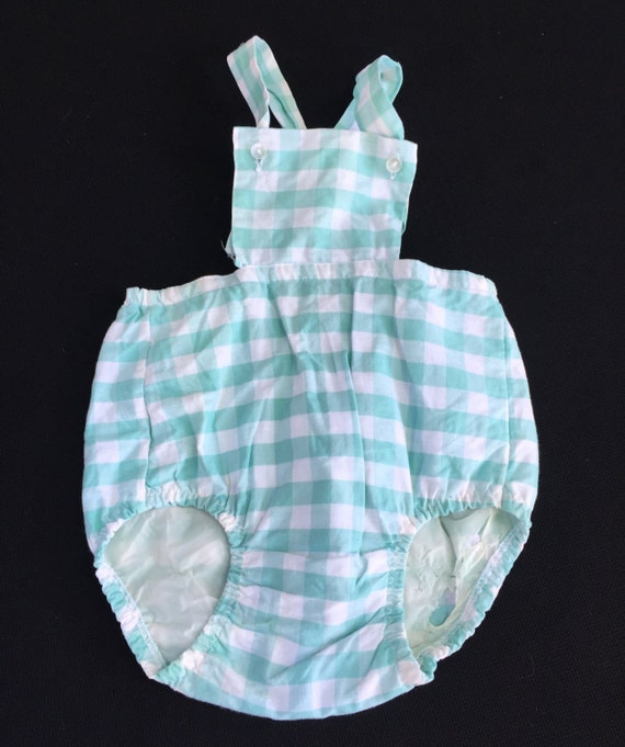 Vintage Mint Green and White Check Baby Romper with Rubber/Vinyl Lining in Bottoms