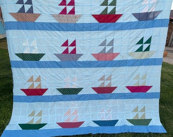 Vintage Machine Pieced Quilt Top with Sailboats