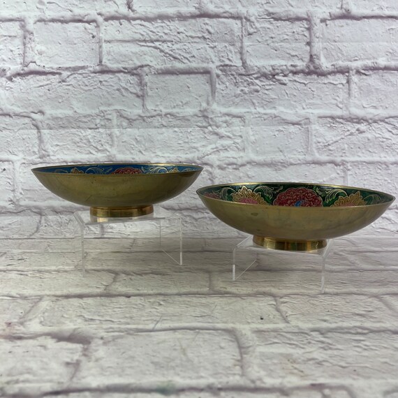 Pair of Vintage Brass Enameled Decorative Bowls w… - image 3