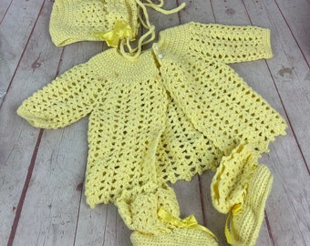 Vintage Yellow hand Crochet Baby Sweater, Booties and Bonnet Set