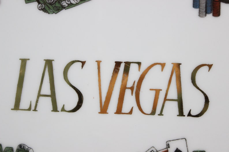 Cards and Roulette Wheel Vintage Las Vegas Souvenir Plate with Gold Trim Poker Chips