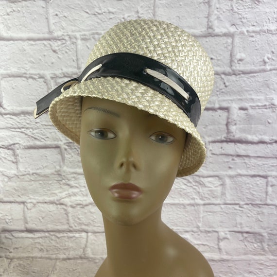 Vintage Ladies’ Off White Straw Hat with Shiny Bl… - image 1
