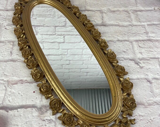 Vintage Homco Home Interiors Gold Oval Narrow Mirror With Roses and