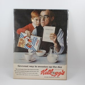 Anúncio/propaganda da revista Kellogg’s Frosted Flakes Vintage 1963 Pai e filho com boletim escolar
