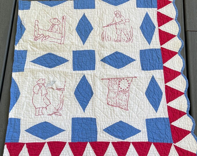 Blue Red Work Vintage Red, White and Blue Cutter Quilt Piece Redwork Embroidery - Etsy