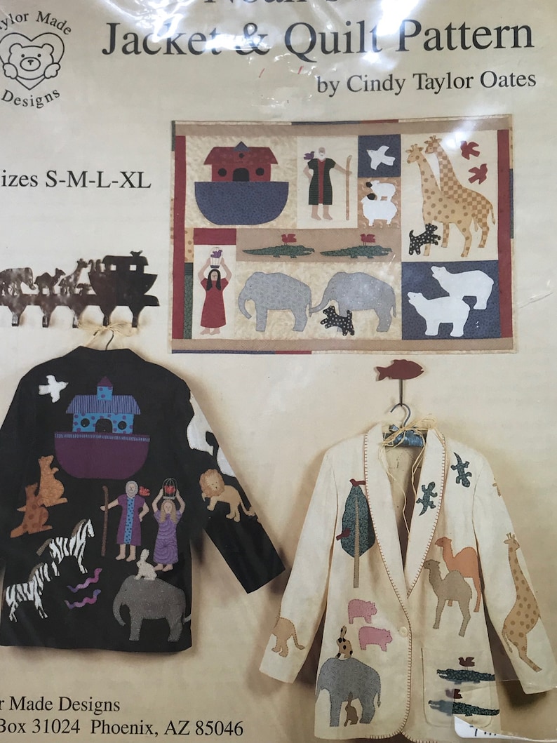 Sizes S-M-L-XL Vintage Taylor Made Designs TA-14 Noah\u2019s Ark Jacket and Quilt Pattern Booklet