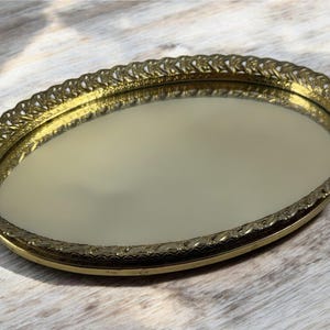 Vintage Oval Goldtone Ornate Filigree Dresser Mirror Tray Vanity Tray