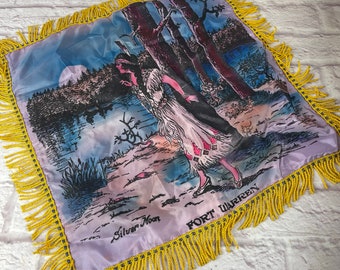 Vintage 1940's Era Souvenir Satin Pillow Cover with Fringe Fort Warren Silver Moon Indian Maiden