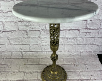 Vintage Gray & White Marble Top Round End Table, Occasional Table with Ornate Cutwork Design Brass Bottom Plant Stand