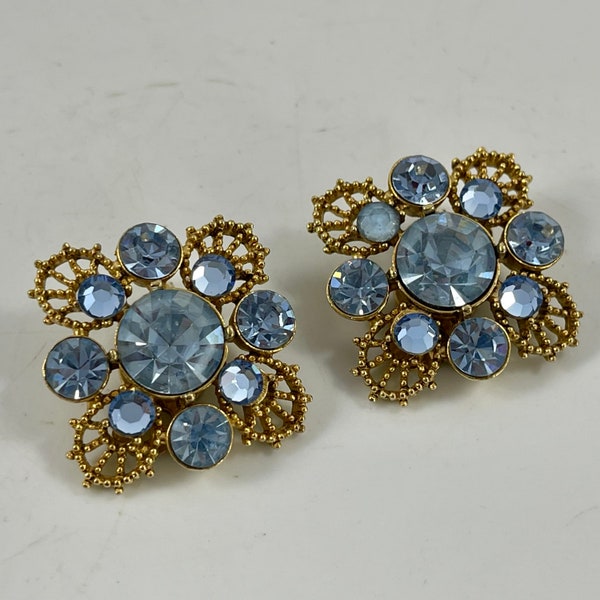 Pair of Vintage Weiss Blue Rhinestone Clip On Earrings