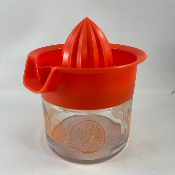 Vintage Gemco Citrus Juicer Glass Jar with Orange Lid Fruit Design