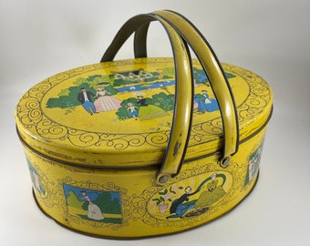 Vintage Yellow Metal Candy Tin Box with Lid and Double Handles Great for Sewing Box