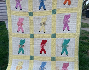 Vintage Hand Quilted & Hand Appliqué Feedsack Fabric Sunbonnet Sue With Overalls Quilt Set In Yellow