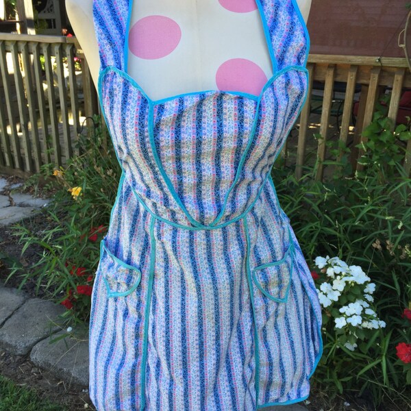Vintage Blue, Pink and White Floral Print Full Apron