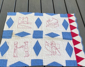 Vintage Red, White and Blue Cutter Quilt Piece Redwork Embroidery