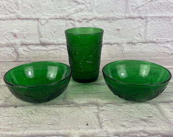 Lot of 3 Pieces of Vintage Anchor Hocking Forest Green Sandwich Glass Dinnerware Berry Bowls and Glass