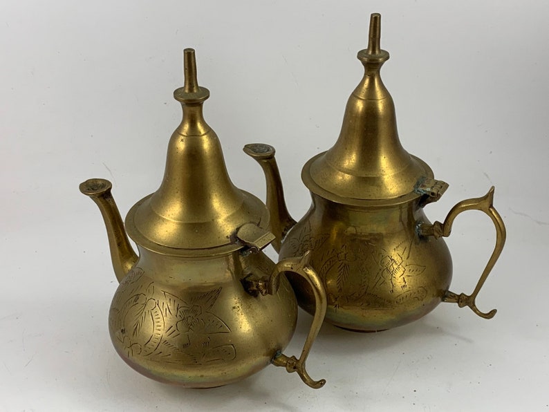 Pair of Vintage Brass Etched UniqueTeapots