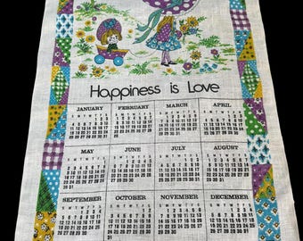 Vintage 1976 Linen Calendar Towel  Happiness is Love