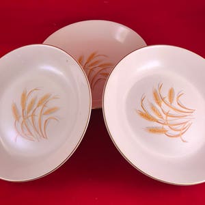 Peut inclure: Trois bols en céramique blanche avec une bordure dorée et un motif de blé. Les bols sont sur une surface rouge.