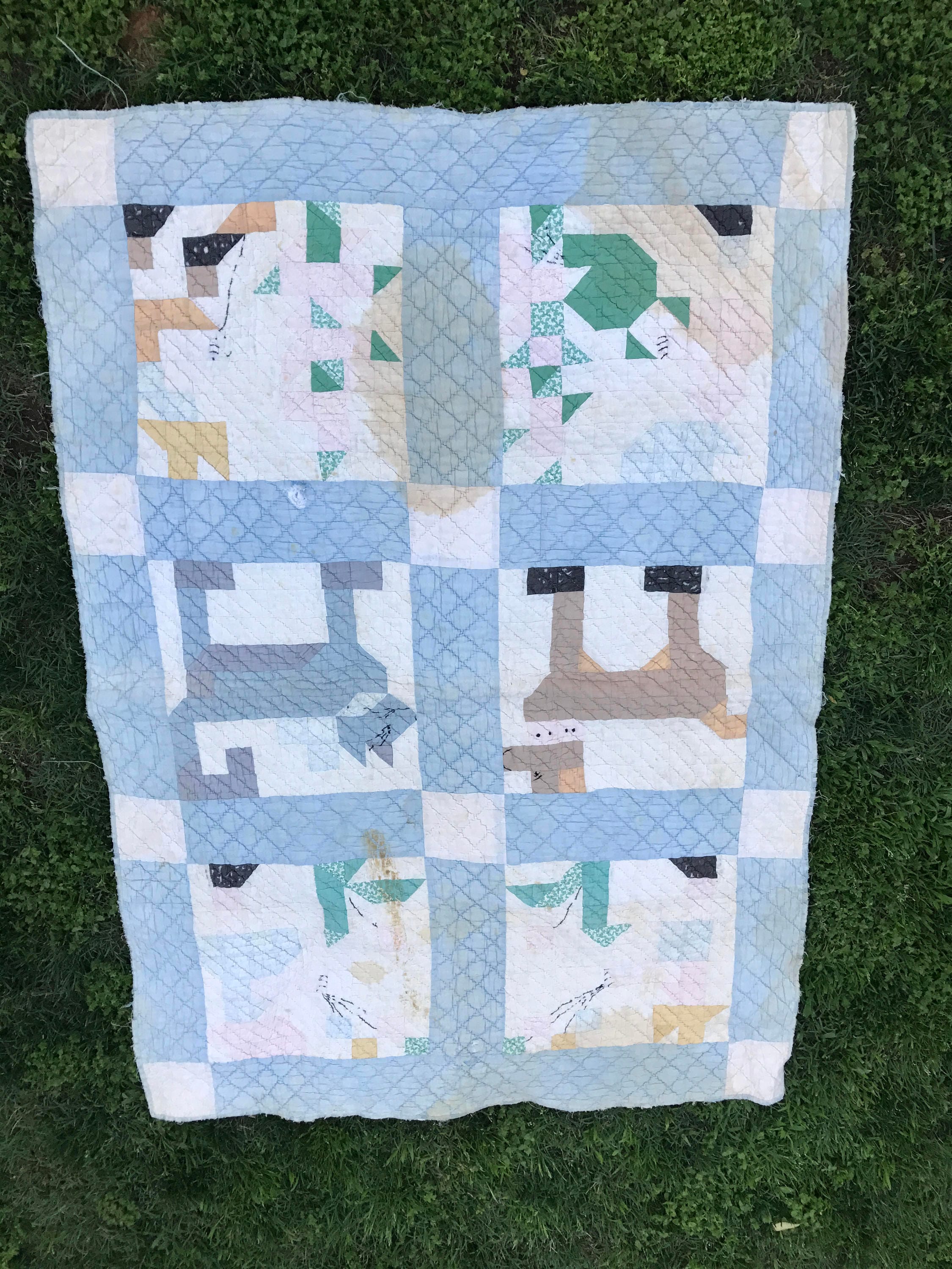 Vintage Blue and White Animal Blocks Child's Quilt