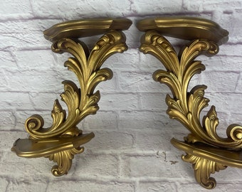 Pair of Vintage Gold Homco Home Interiors Dart Plastic or Resin Double Shelf Wall Hangings