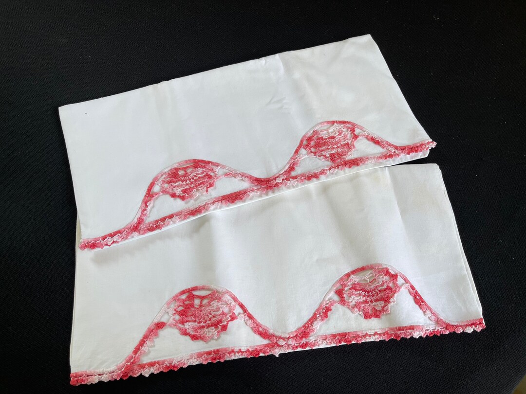 Pair of Vintage White Cotton Pillowcases With Hand Crochet Pink & White Trim Etsy