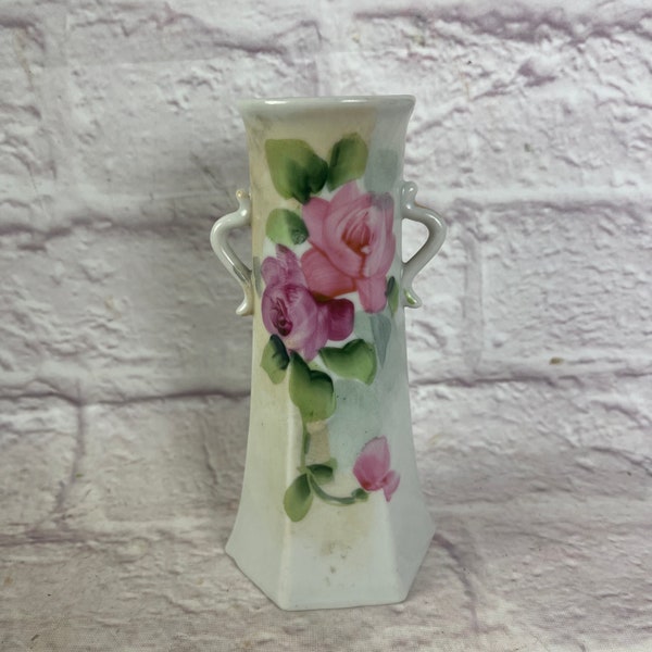 Vintage Hand Painted Nippon Small Vase or Hat Pin Holder Pink Roses