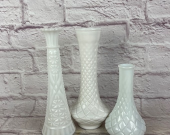 Trio of Vintage White Milkglass Milk Glass Bud Vase Wedding Vases