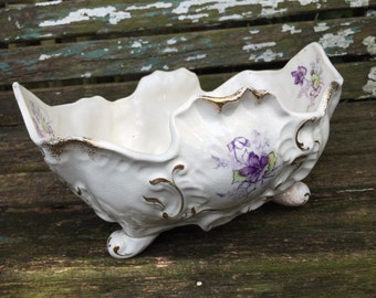 Vintage Hand Painted French Porcelain Console Bowl with Purple Violets Flowers