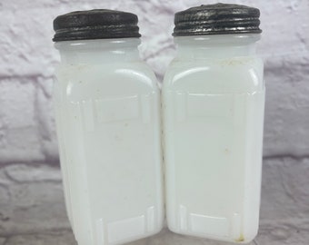 Pair of Vintage White Milkglass Salt Pepper Shakers Spice Jars