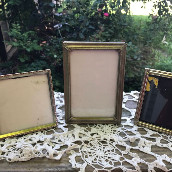 Set of 3 Vintage Small Gold Colored Metal Picture Frames with Easle Backs