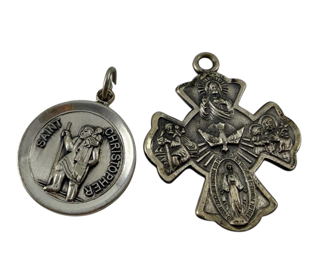 TWO Medals, Vintage Sterling Silver Four Way Catholic Cross Medal and ...