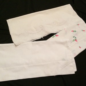 Trio of Vintage Mismatched/Orphaned White Cotton Pillowcases with Rosebuds, Croche Trim and Harmony House