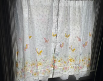 Vintage 1980’s Pair of Curtain Tiers Flowers and Butterflies Semi Sheer