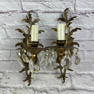 Pair of Antique Vintage Electric Direct Wire Brass Wall Sconces With Glass Teardrop Prisms