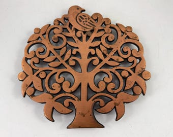 Salvamanteles de hierro fundido vintage con acabado de cobre Árbol de la vida