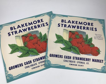 2 Vintage Original Old Crate Label Etiketten für Blakemore Erdbeeren New Old Stock